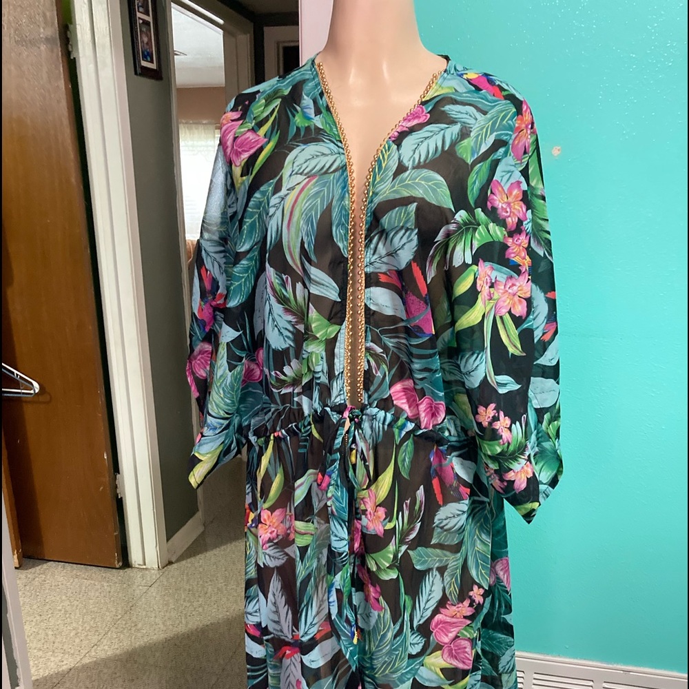 True Destinations Resort Wear Tropical Floral Seashell Tassel Swim CoverUp Med